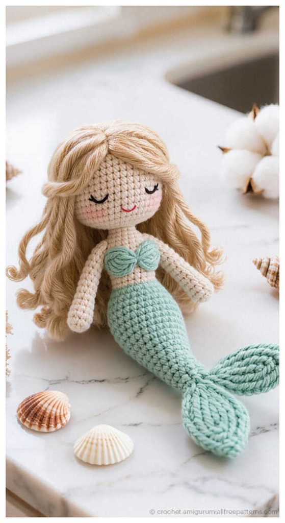 cute blonde mermaid amigurumi doll with seashell decor charming handmade crochet ocean toy
