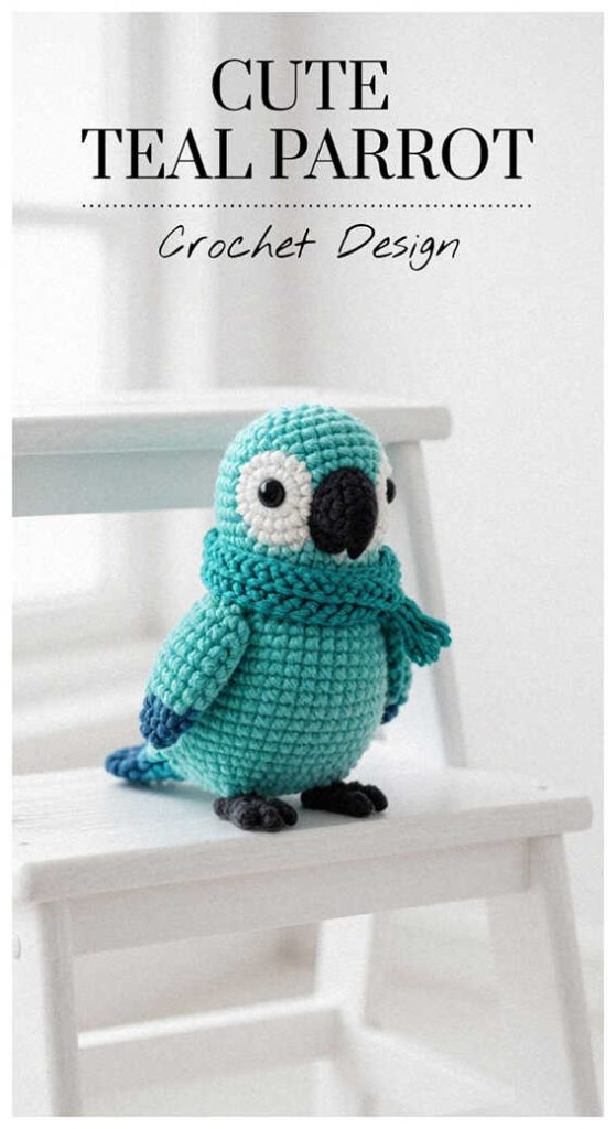 Teal crochet parrot sitting on a chair, modern parrot amigurumi design inspiration for nursery and handmade gifts