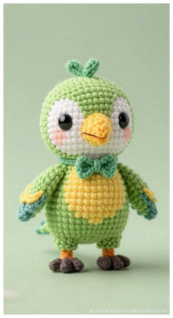 Cute green crochet parrot with yellow chest and bow tie, charming parrot amigurumi gift idea for kids decor