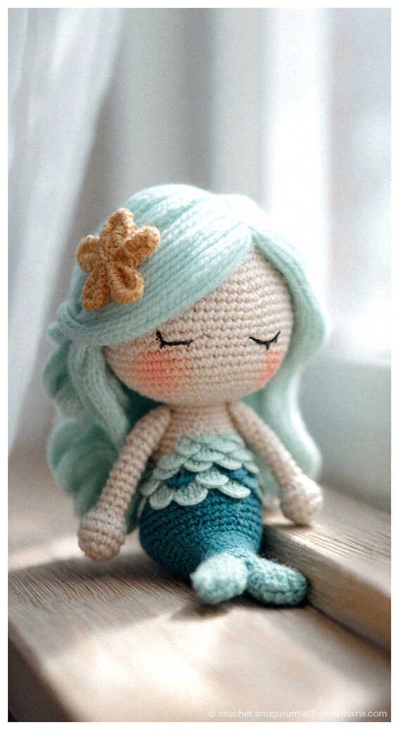 cute mint mermaid amigurumi doll sitting by a window sweet handmade crochet ocean character