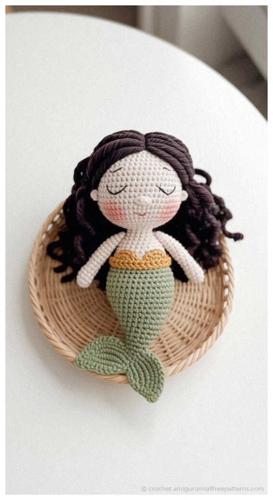 tiny mermaid amigurumi doll on a woven tray adorable handmade crochet sea character toy