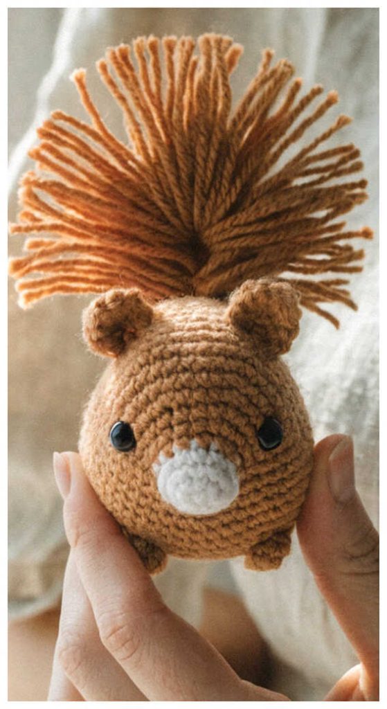 funny squirrel amigurumi crochet doll with fluffy hair cute handmade woodland toy